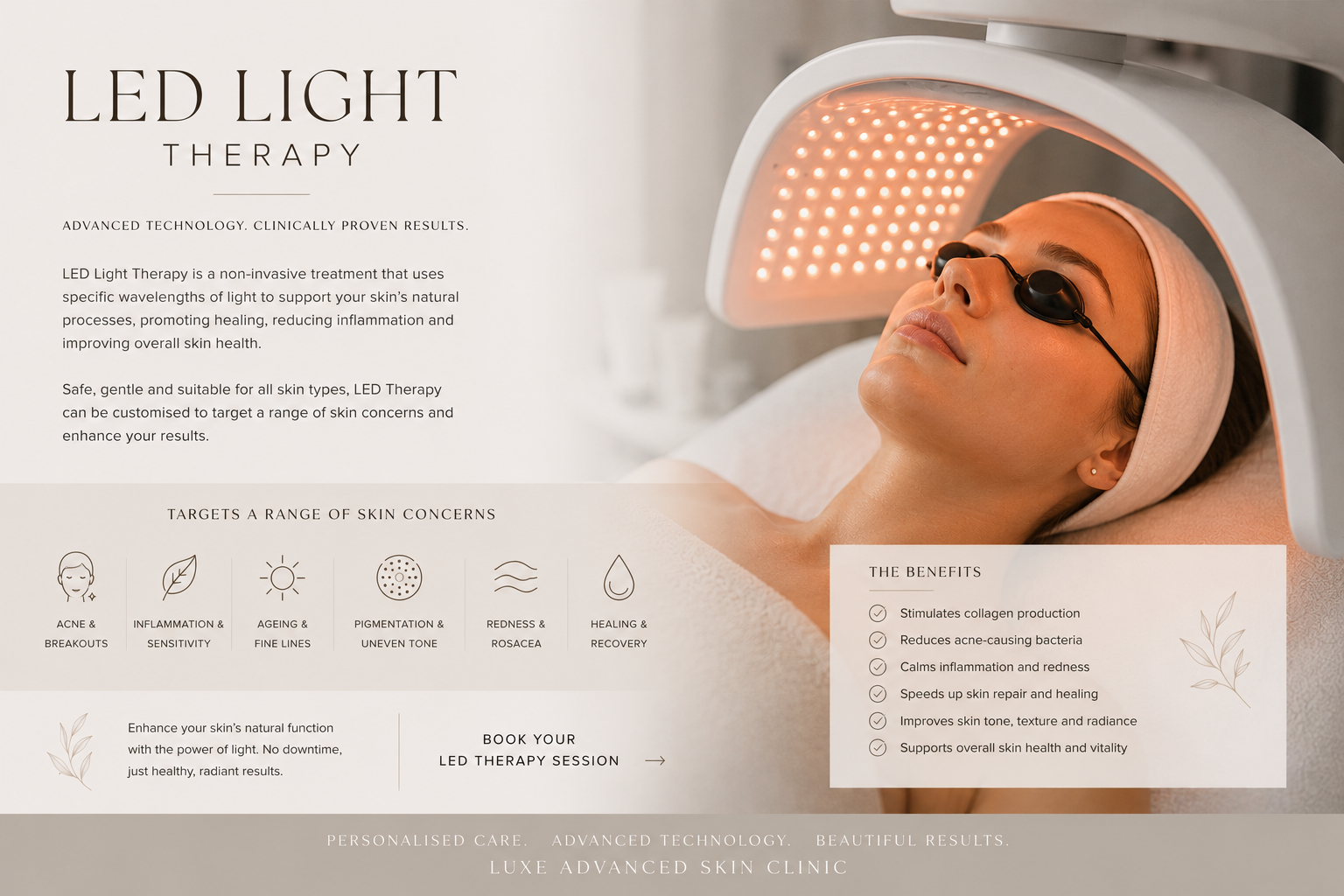 A woman is lying on a treatment bed receiving LED light therapy on her face. She is wearing protective goggles and a headband, with the LED device positioned above her face, emitting a warm light.