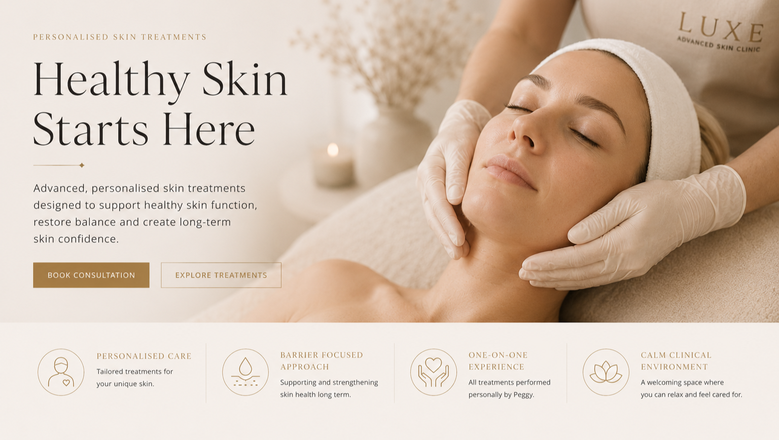 A woman receiving a facial treatment from a skincare professional in a spa setting with candles and decor in the background.