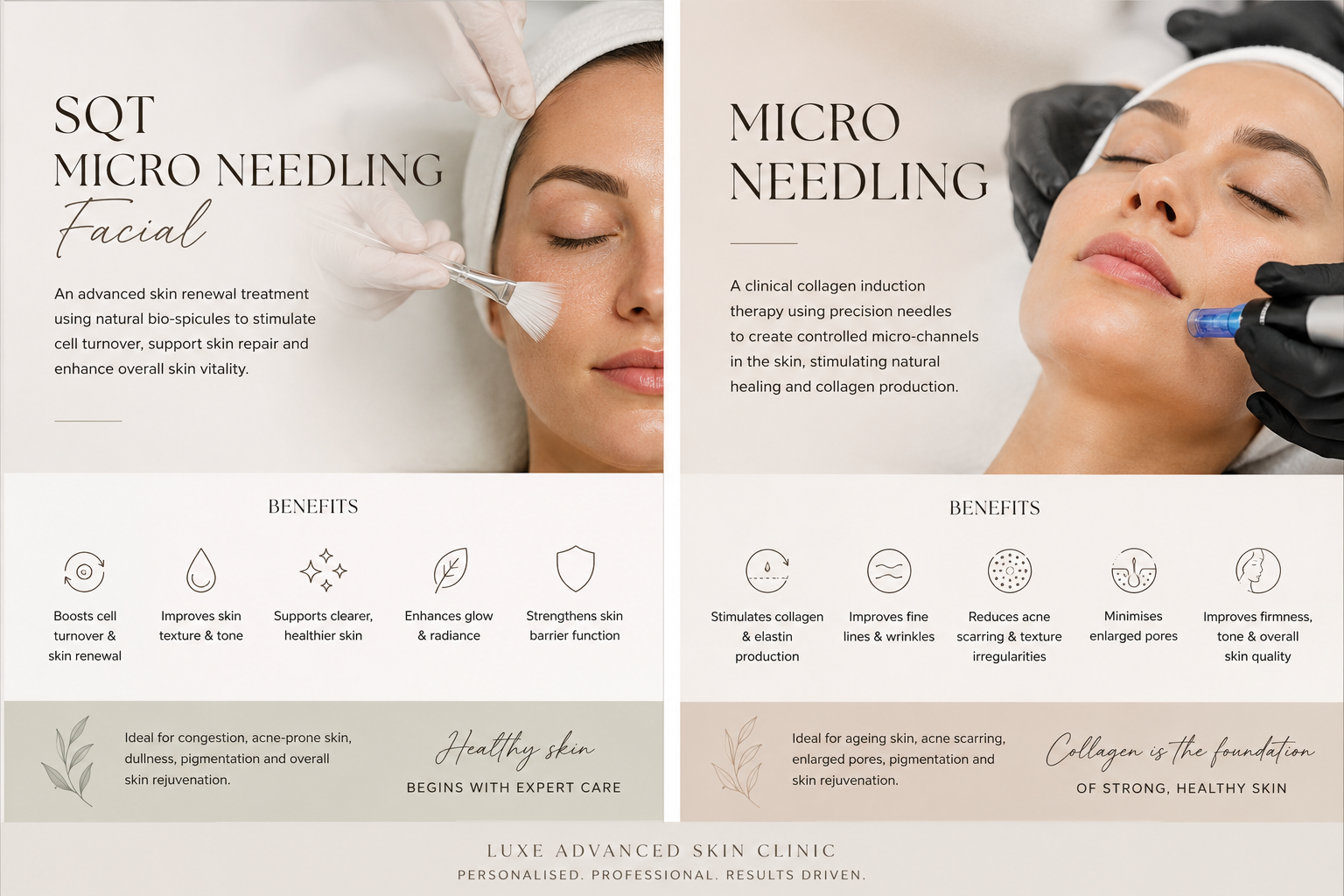 Two women receiving facial treatments; the left image shows a woman with her eyes closed receiving micro-needling with a small brush, and the right image shows a woman with her eyes closed getting a micro-needling procedure with a precision needle. Text describing the treatments and benefits is displayed.