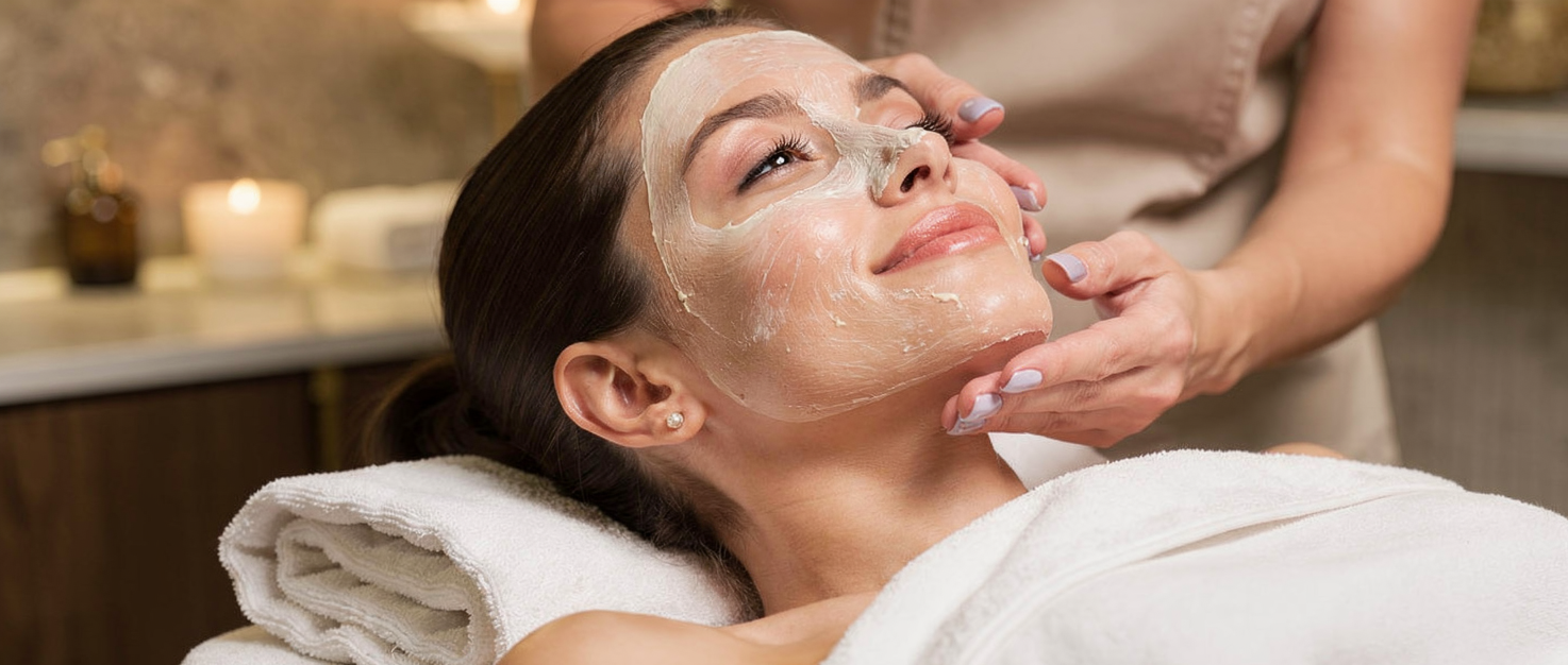 A woman relaxing at a spa, receiving a facial treatment with a creamy mask applied to her face.