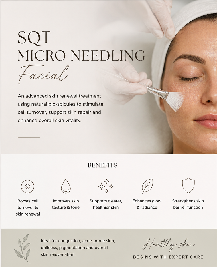 An advertisement for SQI Micro Needling Facial, showing a woman receiving a facial treatment with a professional using a micro-needling device on her face. The text highlights the benefits of the skin renewal treatment.