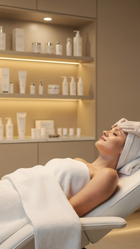 A woman relaxing at a spa or skincare clinic, lying on a treatment chair with a towel and cloth on her forehead, in front of shelves with skincare products.
