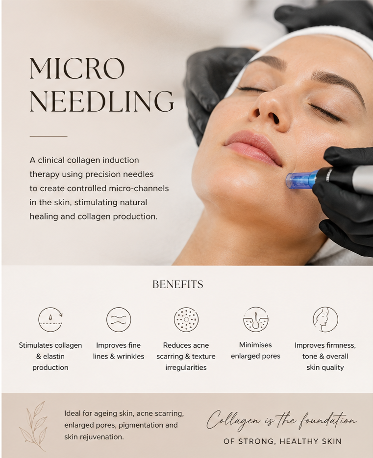 A promotional poster of a micro needling treatment showing a woman receiving the procedure with a specialist using a device and needles on her face. The poster highlights benefits like collagen production, reducing acne scars, minimizing enlarged pores, and improving skin firmness.