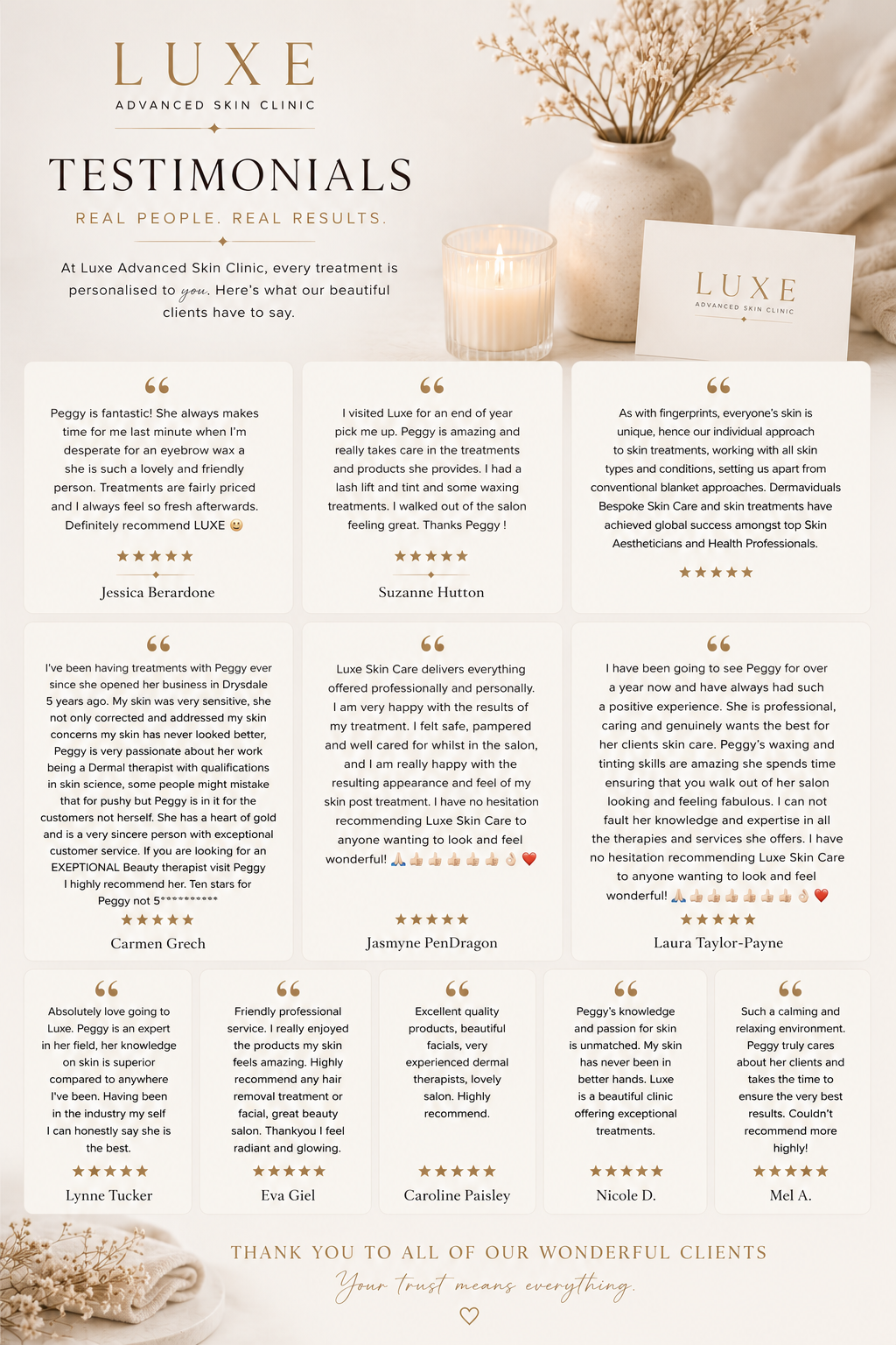 Testimonials page for Luxe Advanced Skin Clinic with client reviews, a lit candle, a beige vase with dried flowers, and a card with the clinic's logo.