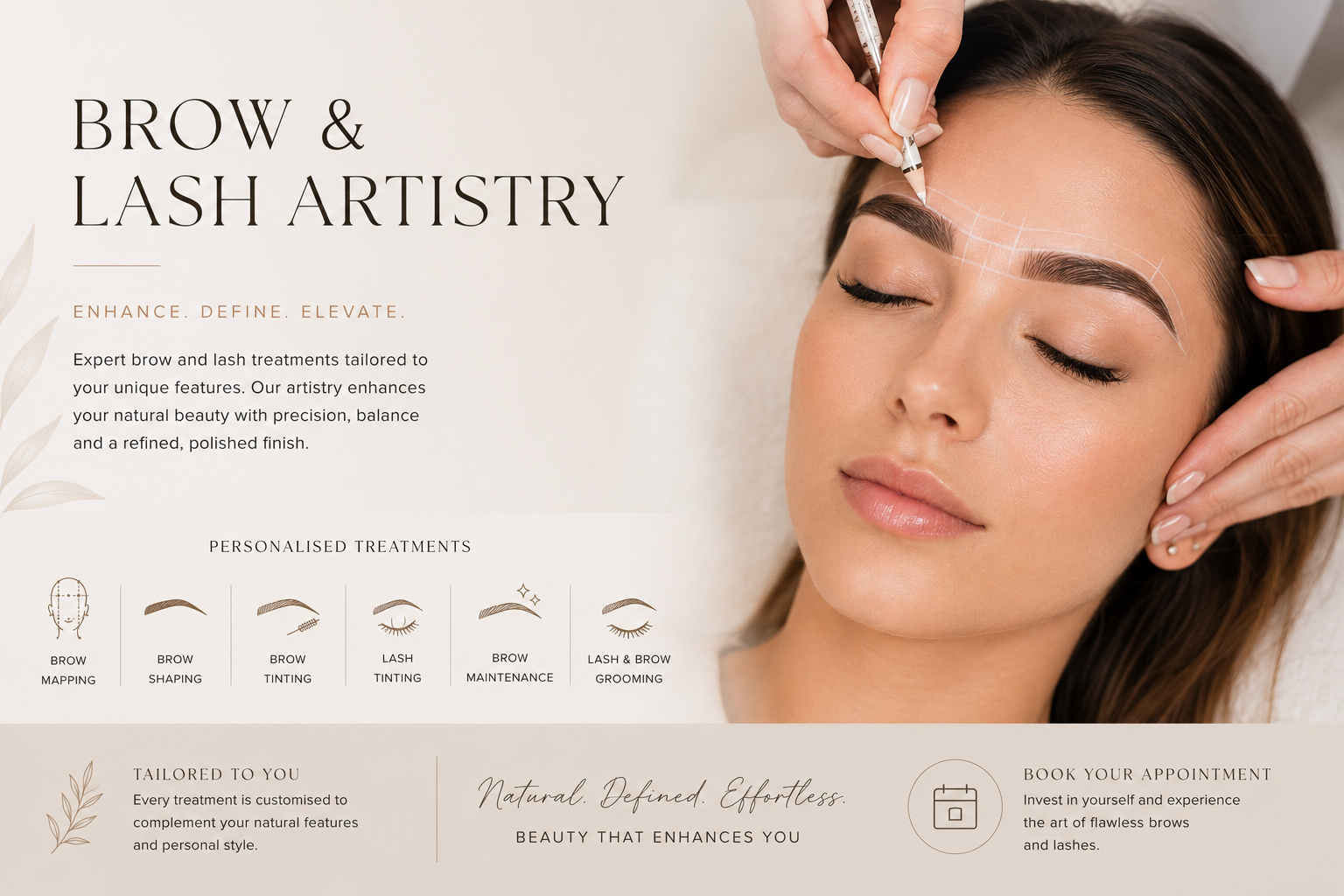 A woman with closed eyes receives a brow and lash treatment in a beauty salon, with text promoting brow and lash artistry services.