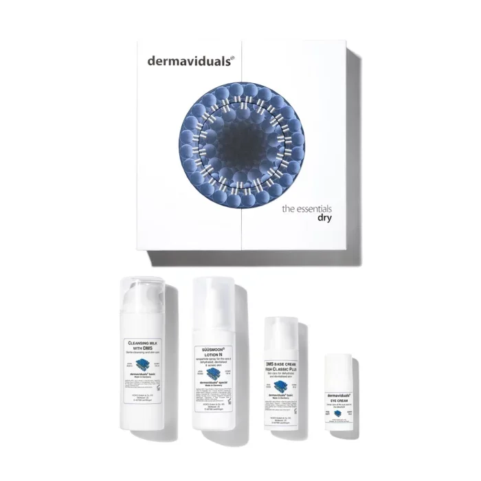 Skincare products from Dermaviduals, including cleansing milk, lotion, base cream, and eye cream, with packaging featuring a blue molecular design.