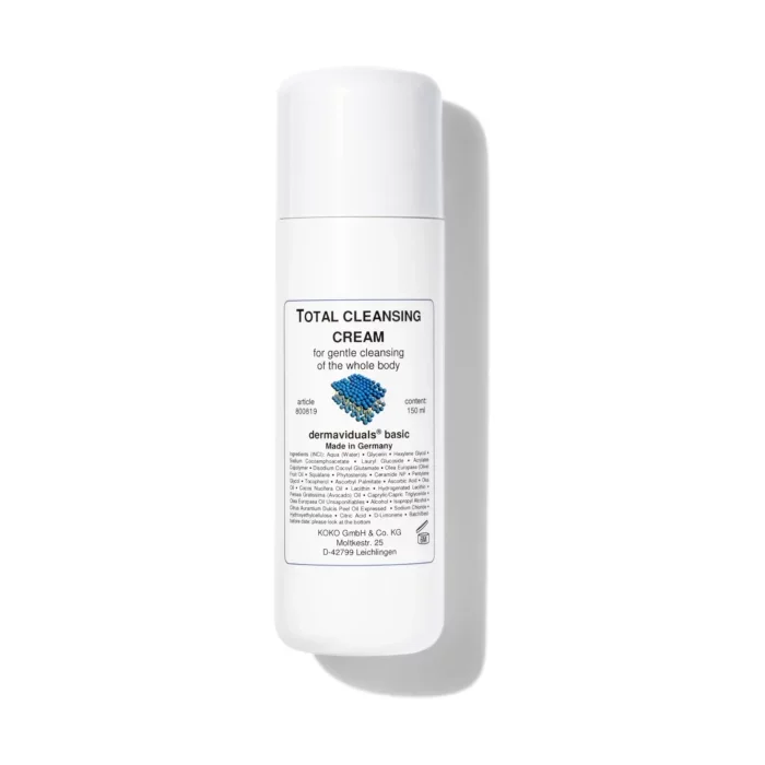 White bottle of Total Cleansing Cream for gentle body cleansing, made by dermaviduals, with a detailed label