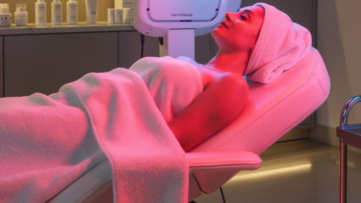 A woman lying on a treatment bed with her eyes closed, wrapped in a towel and towel wrapped around her head, during a skin or cosmetic treatment in a spa or clinic with pink ambient lighting.