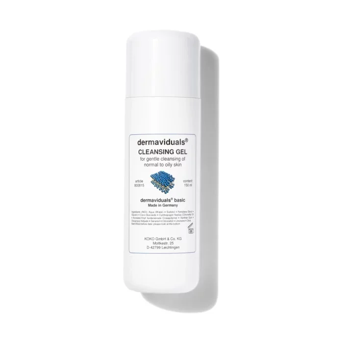 A white bottle of dermaviduals cleansing gel for normal to oily skin with a label indicating it is made in Germany.