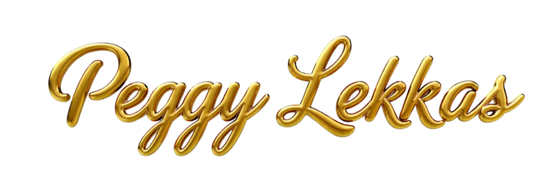 Gold-colored, cursive text that reads 'Peggy Lekkas'