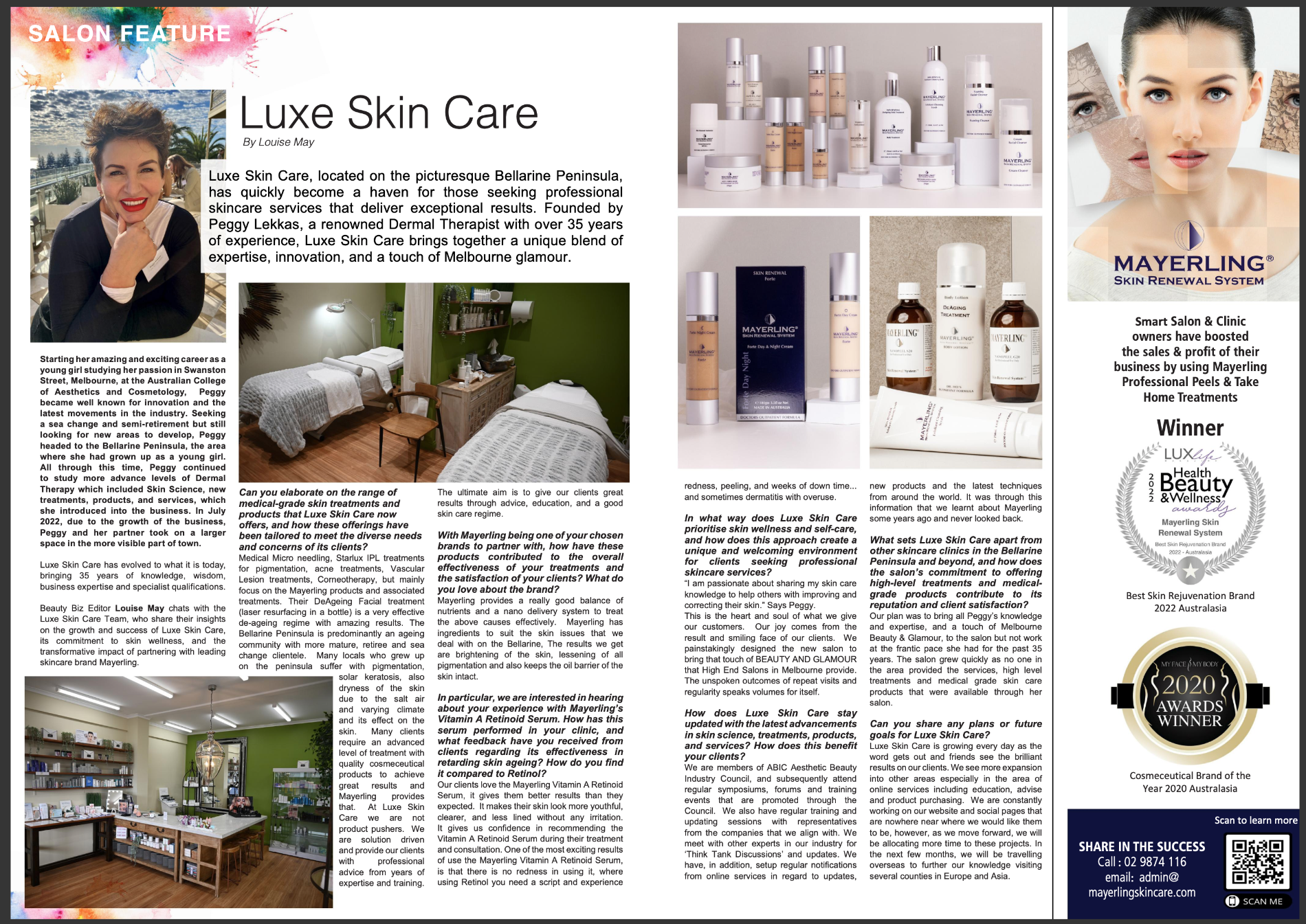 A magazine page featuring Luxe Skin Care with images of skincare products, a woman with makeup, a spa room, and various promotional logos and awards.