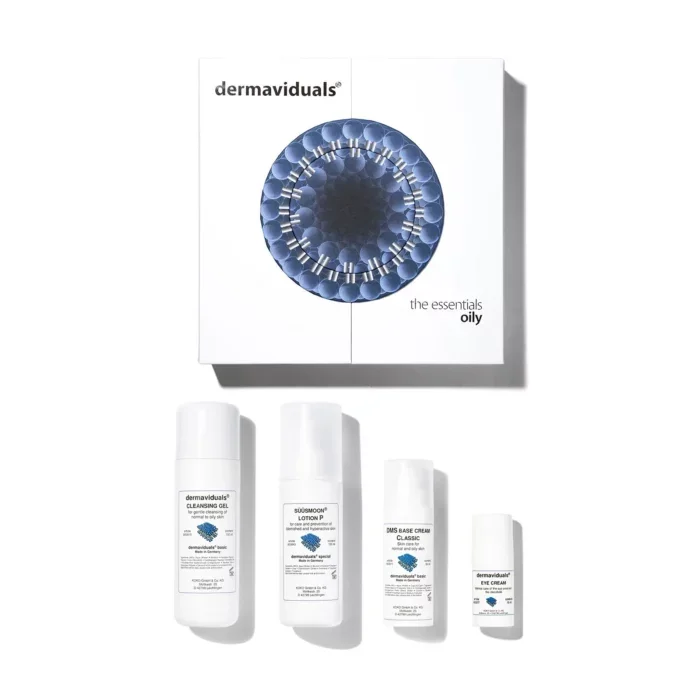 Skincare product set from Dermaviduals, including cleansing gel, lotion, base cream, and eye cream, in front of a white box with a circular blue design.