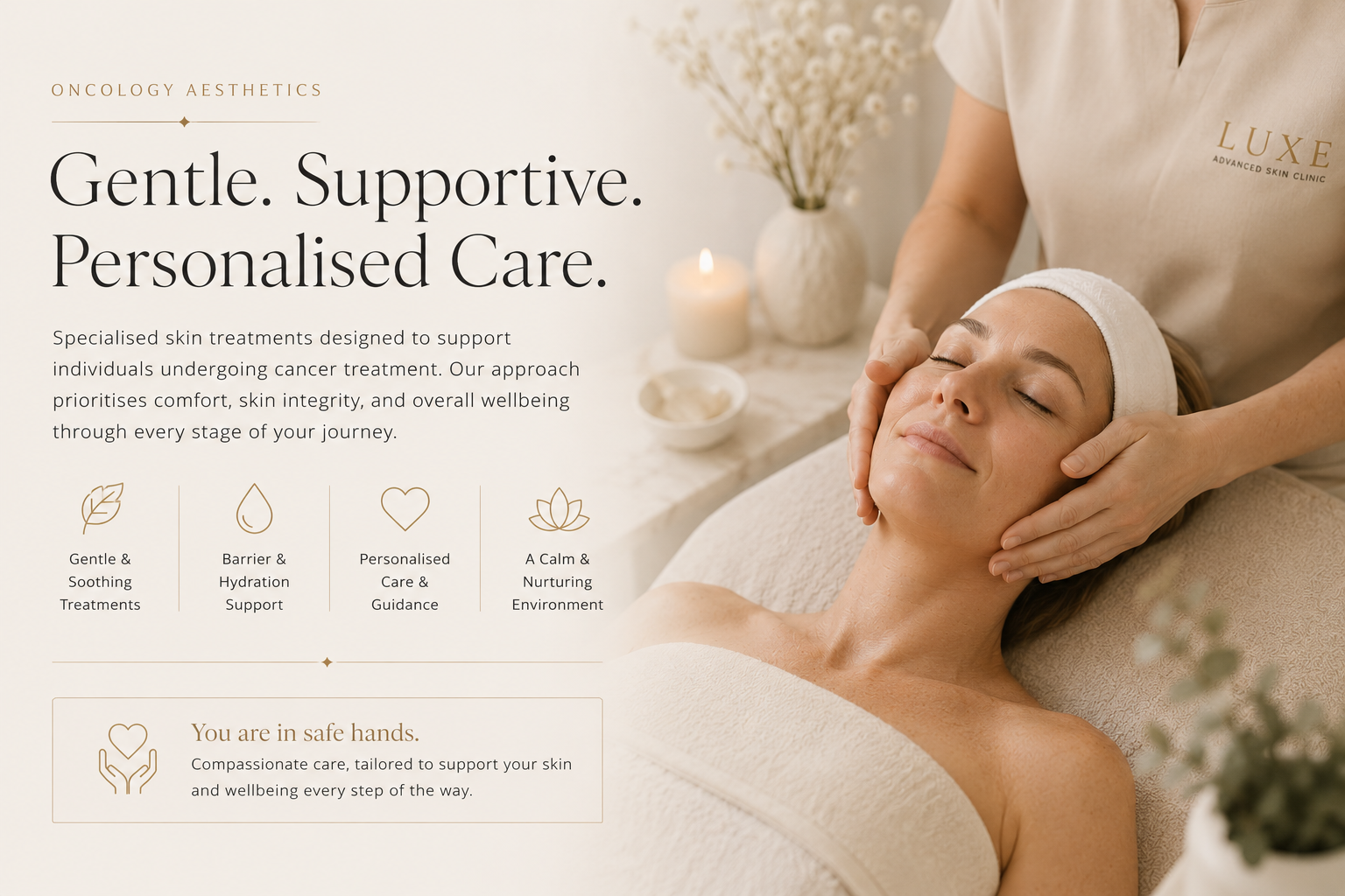 A woman receiving a facial massage in a wellness spa. The ambiance is soft with candles and floral decorations in the background.