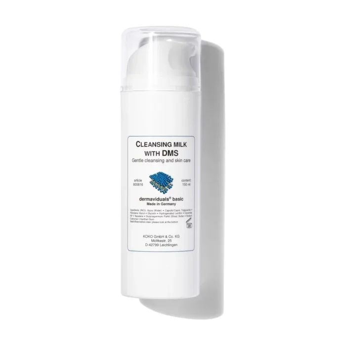 White bottle of cleansing milk with DMS for gentle skin care on a white background