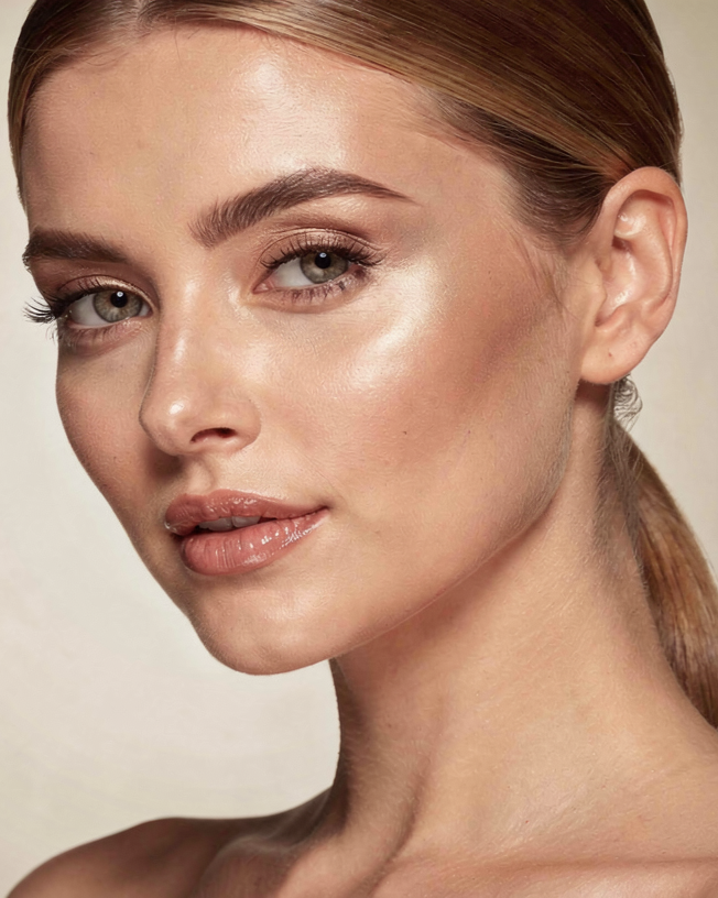 Close-up of a woman with fair skin, light brown hair pulled back, subtle makeup, and blue eyes.