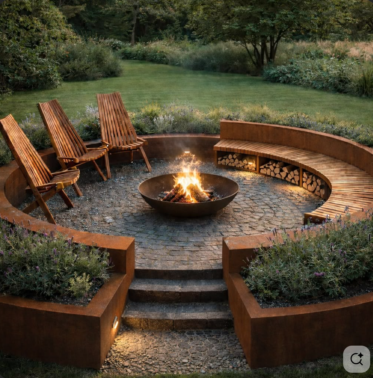 Outdoor backyard fire pit with four wooden chairs and built-in wooden bench, surrounded by landscaped garden and lush greenery.