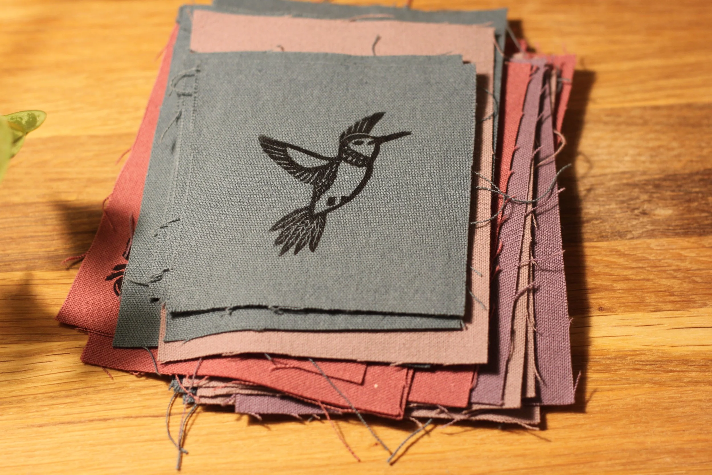 Hand-printed Linen Patch | Blue Hummingbird