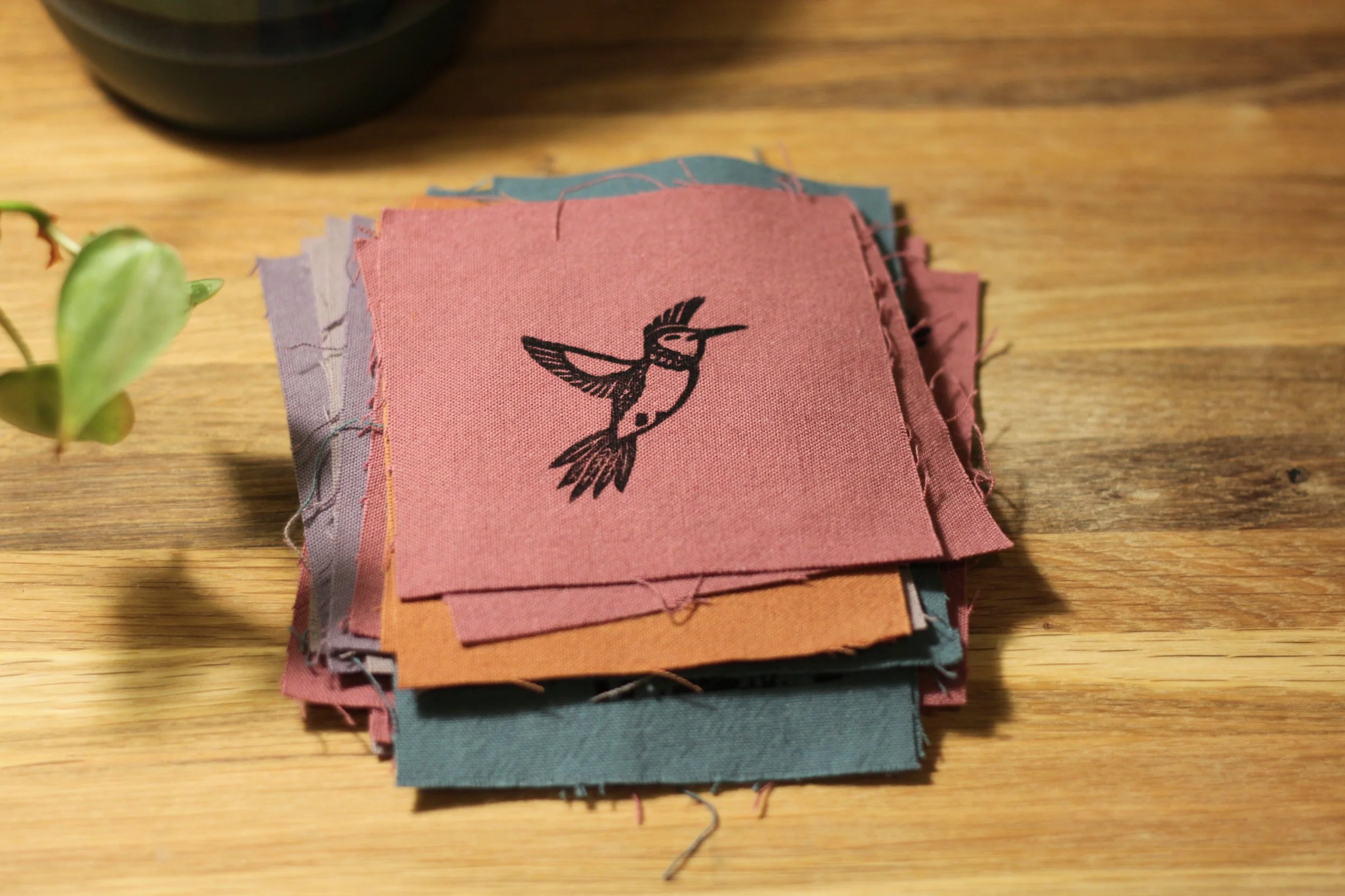 Hand-printed Linen Patch | Pink Hummingbird