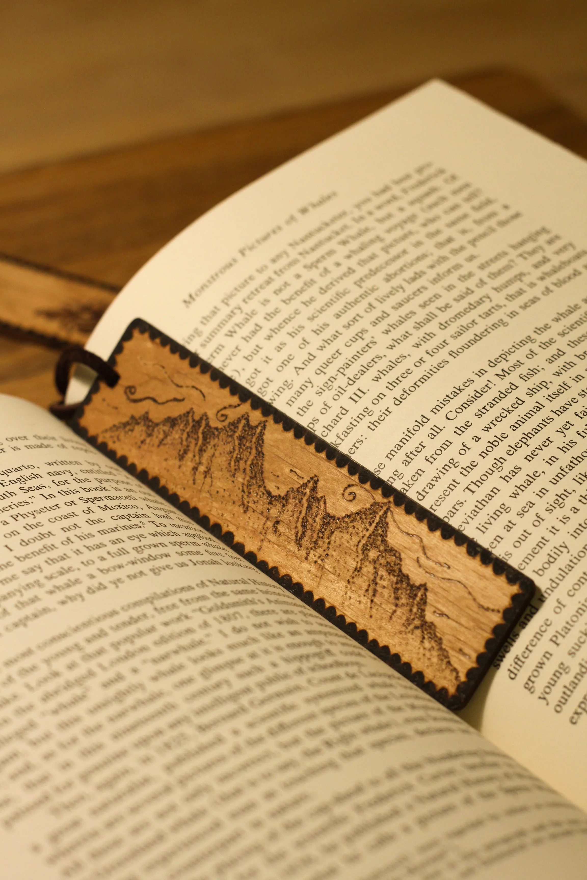 Wooden Bookmark with Leather Tassel | Mountains