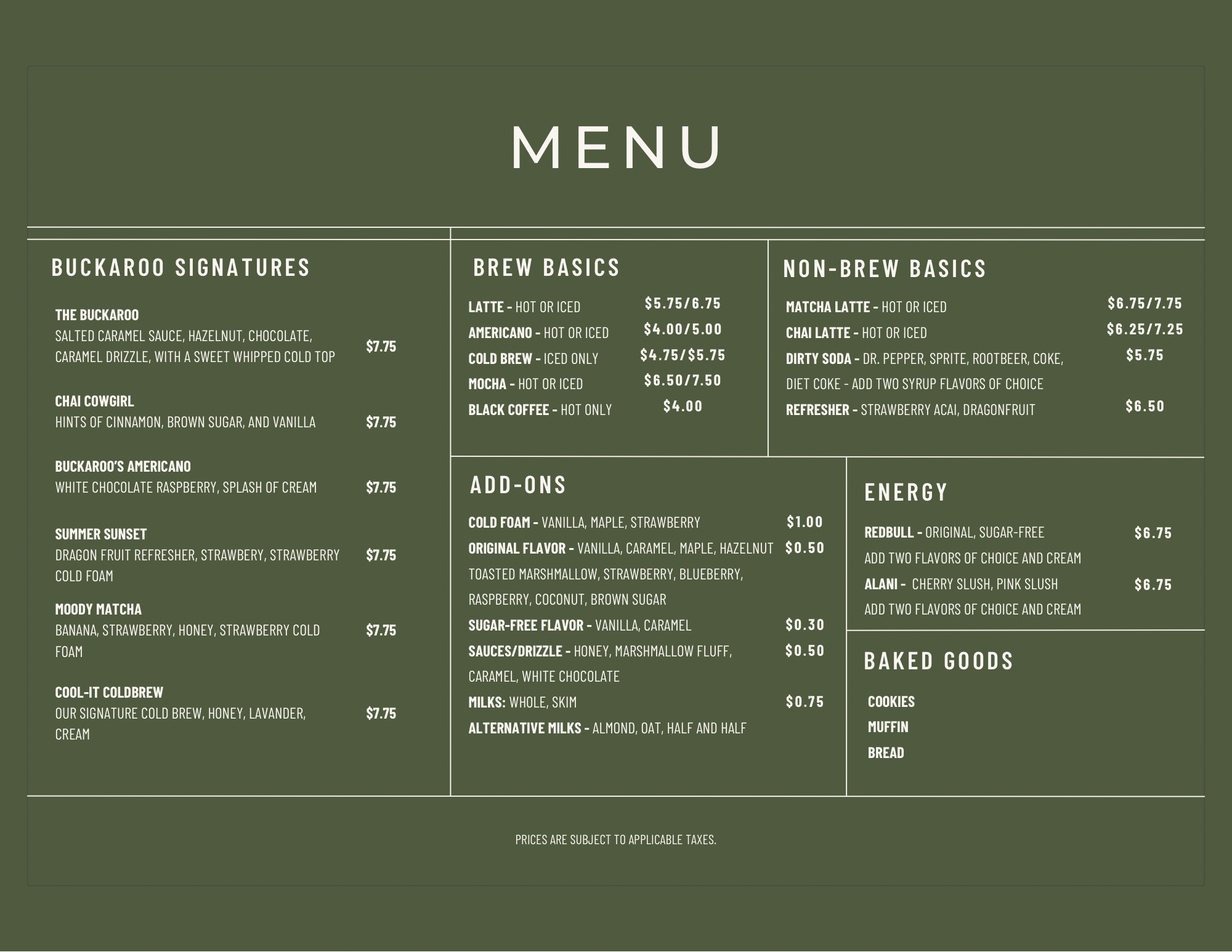Buckaroo Brew Coffee Co. Menu