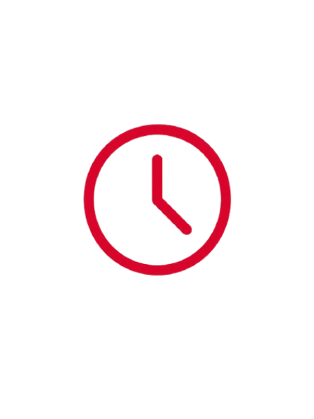 Clock icon with red outline and hands showing 3:00, surrounded by black background.