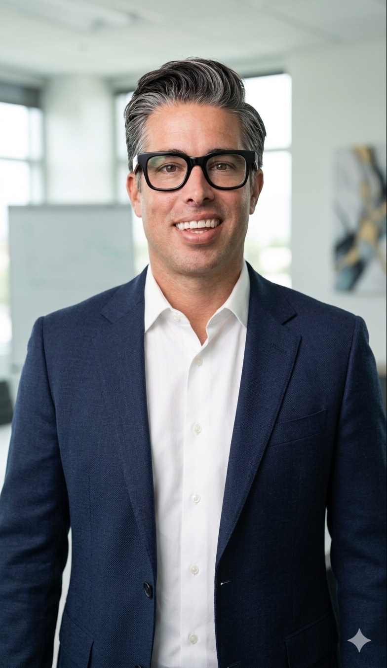 A man with dark gray hair, wearing black glasses, a white dress shirt, and a navy blazer, smiling in a modern office setting.