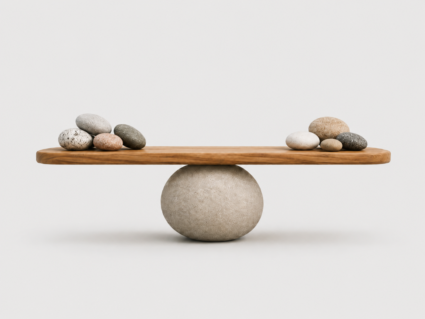 A modern coffee table with a round concrete base and a wooden top, decorated with various smooth stones.