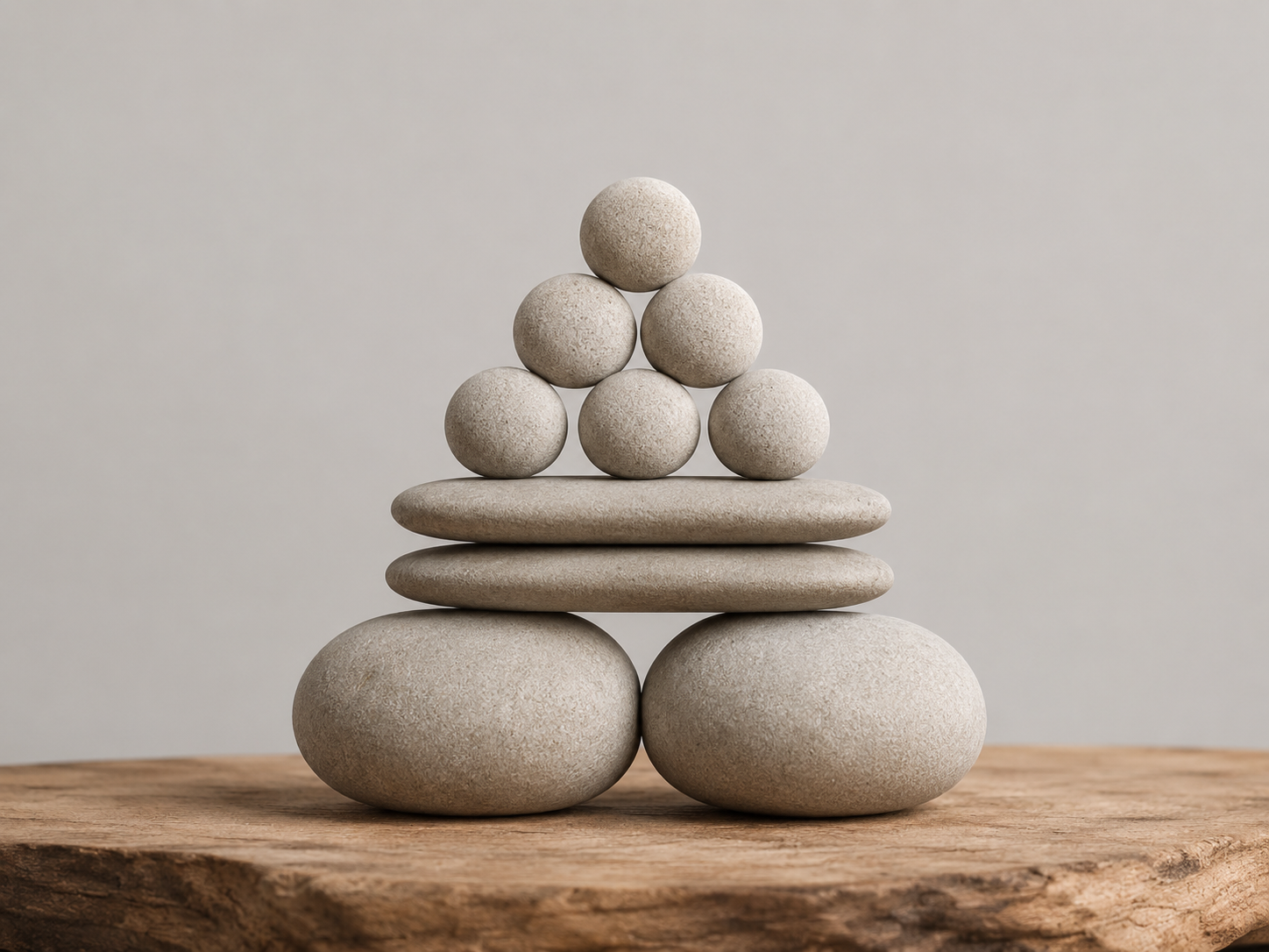 A balanced sculpture of smooth, beige stones stacked on a wooden surface against a plain, light gray background.