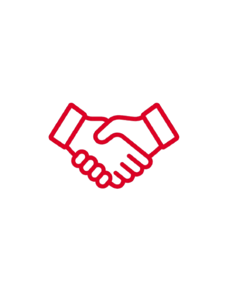 Red outline drawing of a handshake on a black background.