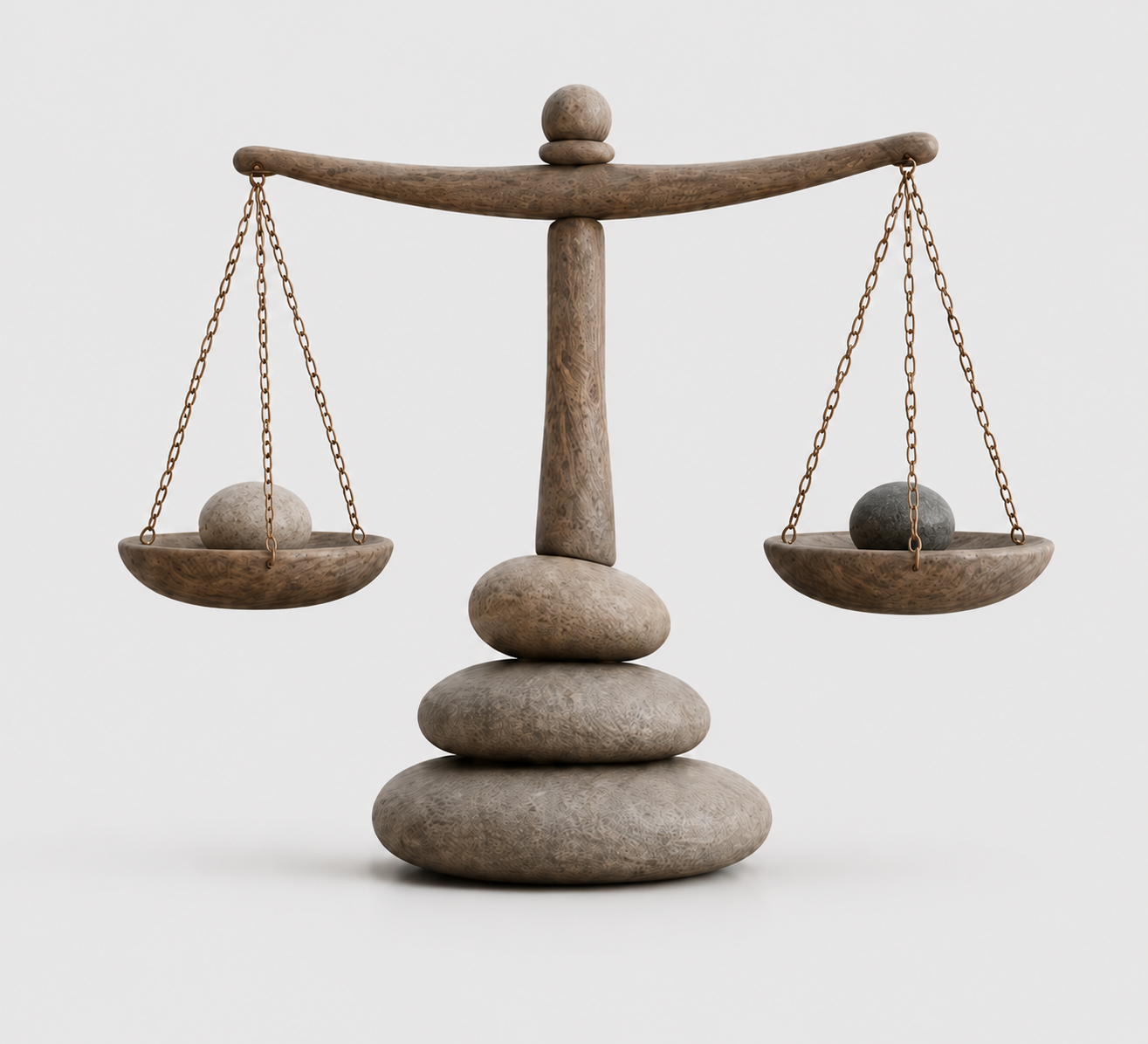 A wooden balance scale with rocks in the bowls, supported by stacked stones, against a plain light background.