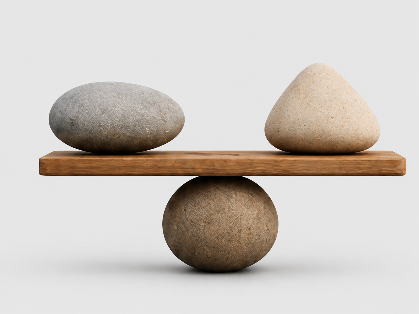 A wooden balance scale with a flat rectangular platform, supported by a spherical object underneath. On top of the platform are two large stones, one gray and one light beige, positioned side by side.