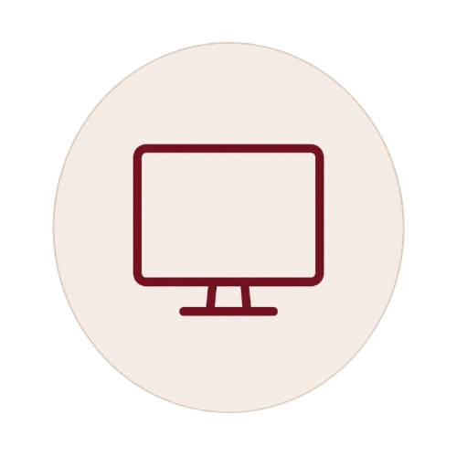 Icon of a computer monitor on a circular white background.