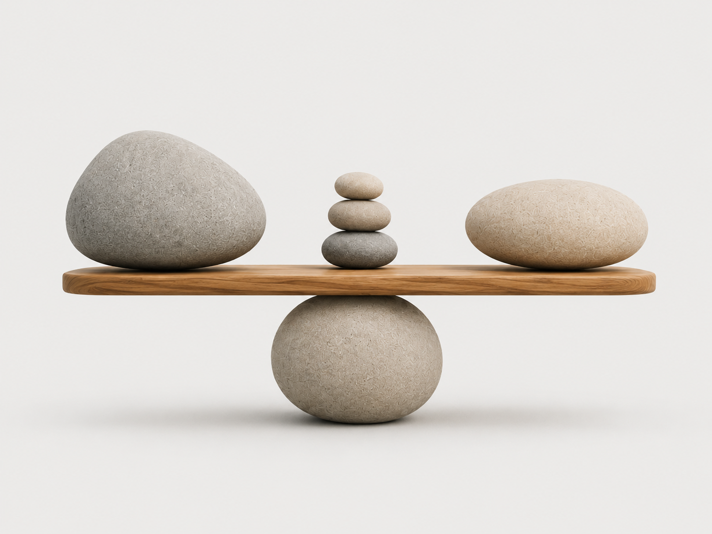 A balance sculpture with large stones and a wooden plank, consisting of four stones and a wooden base in a minimalist setting.