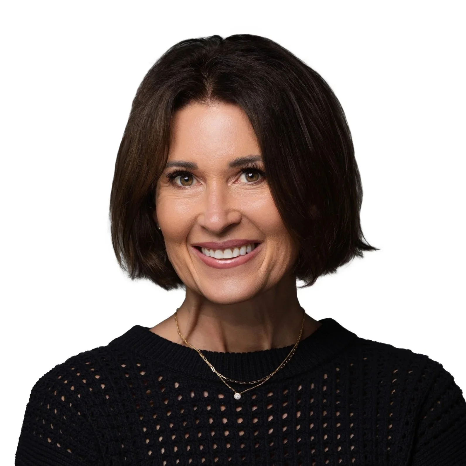 Smiling woman with a dark bob and black sweater, studio headshot in Fishers, Indiana