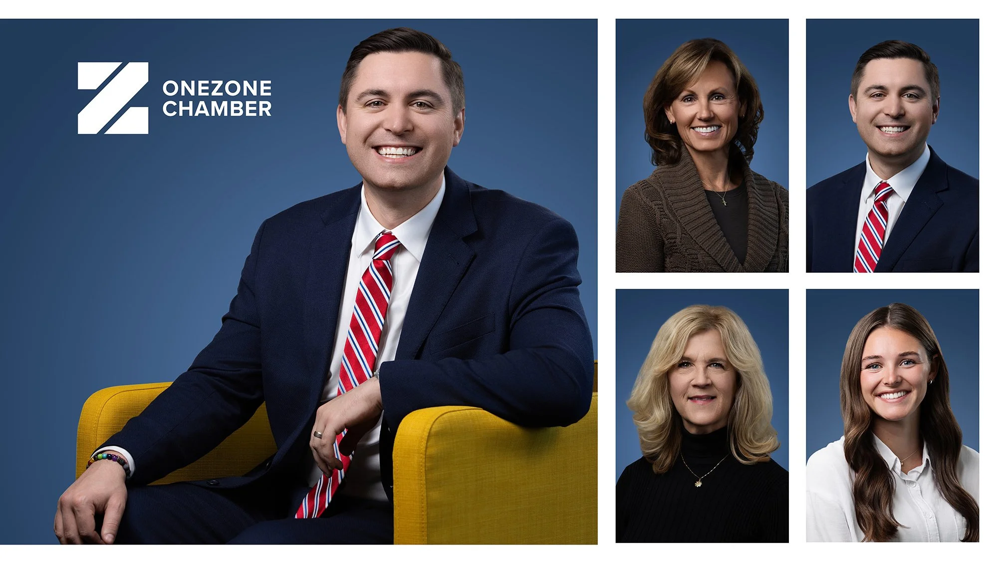 OneZone Chamber leader seated in an office chair, with a grid of matching team headshots