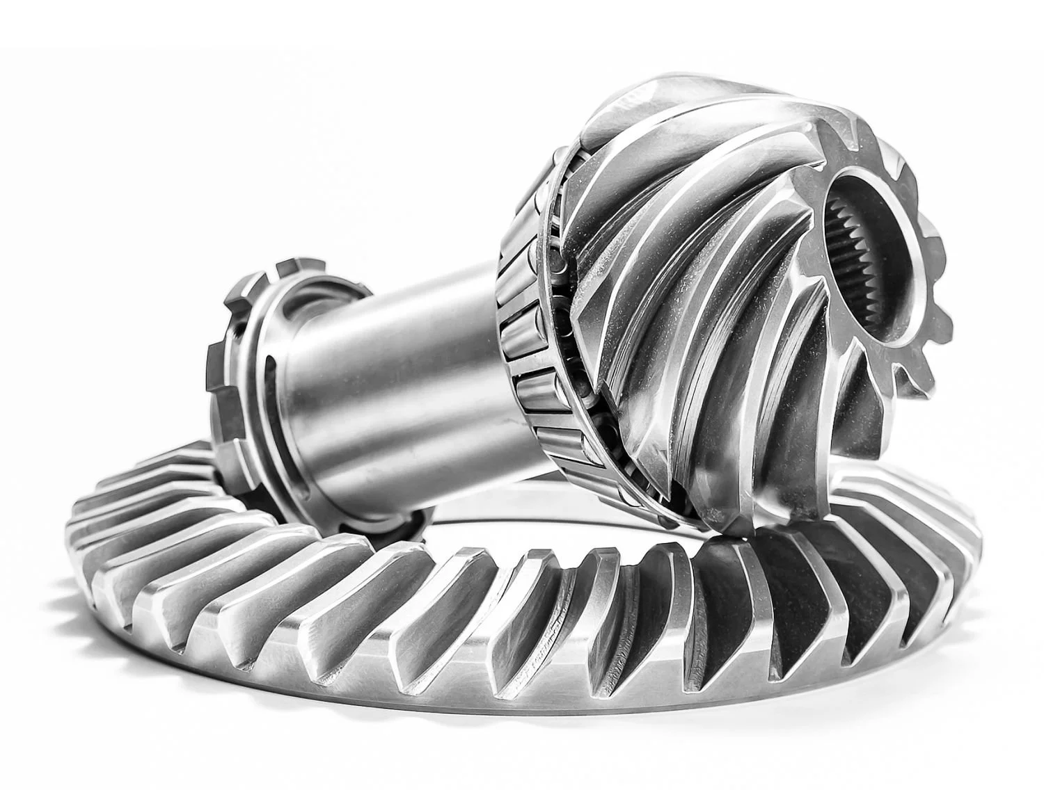 Polished steel ring and pinion gear set on white, studio product photography in Fishers, Indiana