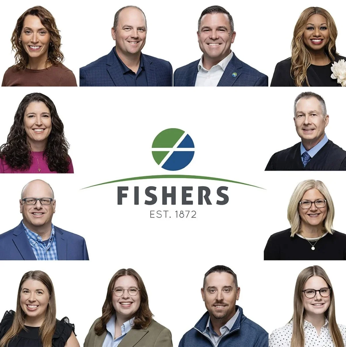 Grid of consistent team headshots of City of Fishers staff around the Fishers logo