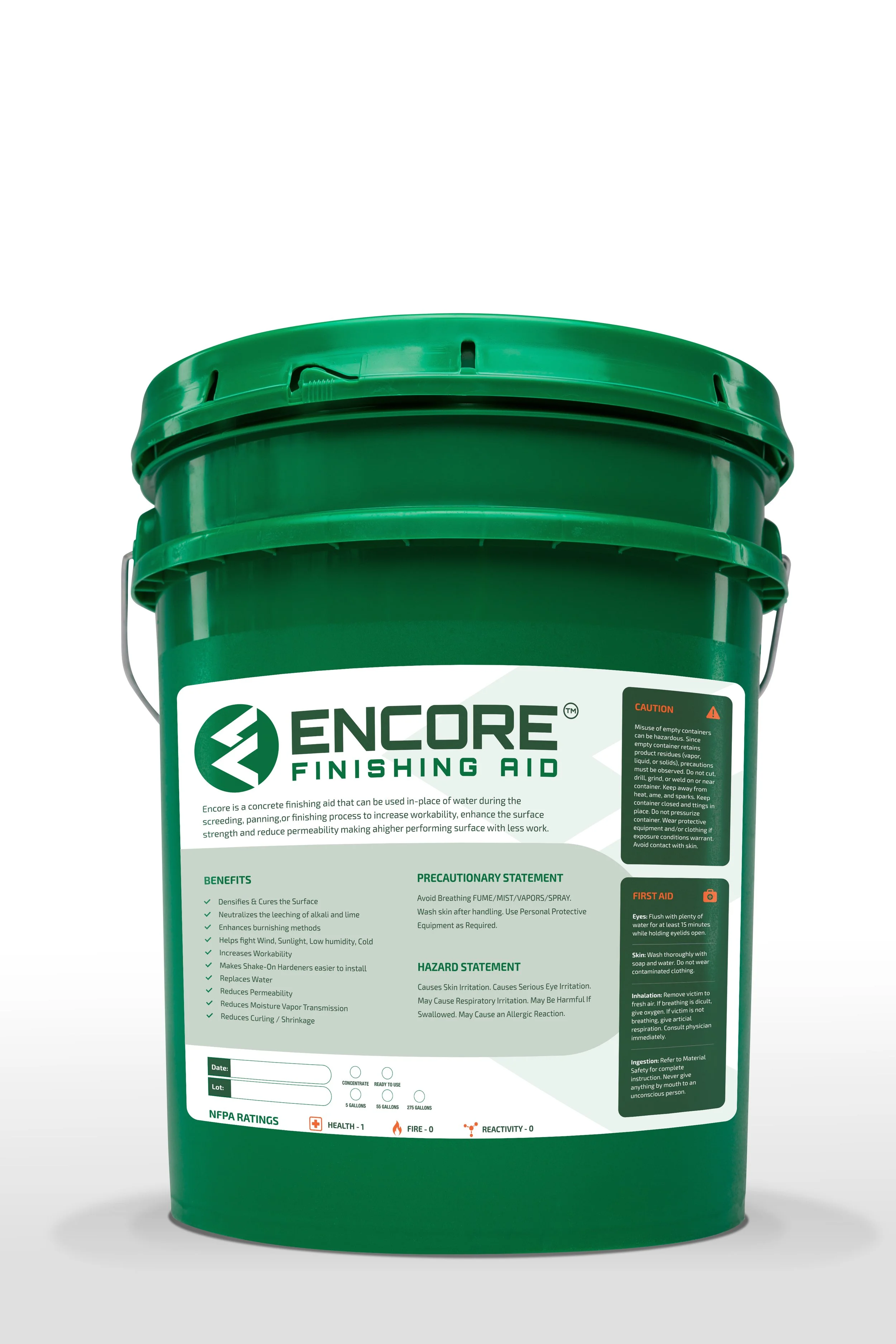 Green five-gallon pail of Encore product on a white background, commercial product photography