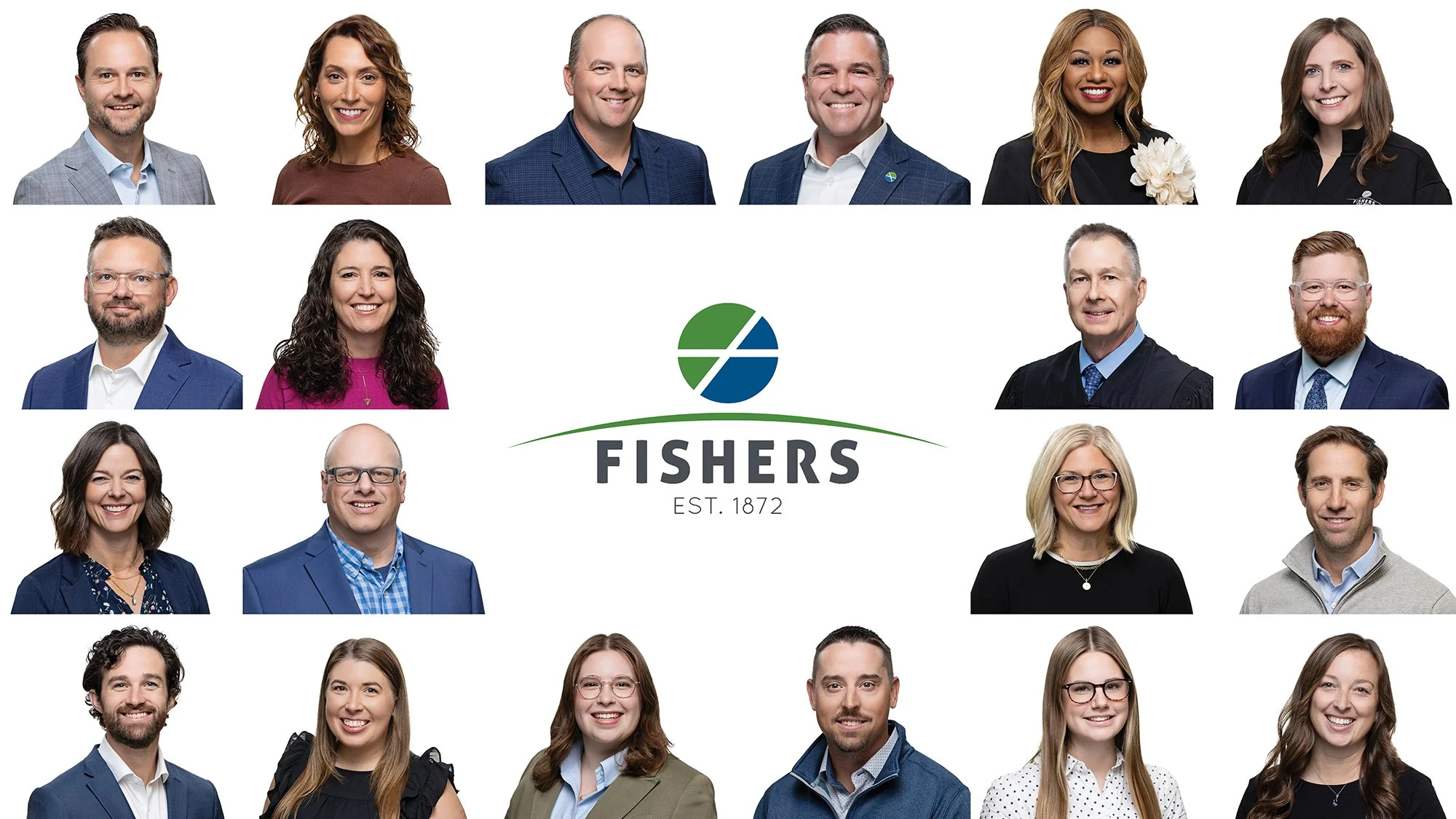 Grid of consistent staff headshots for the City of Fishers, Indiana