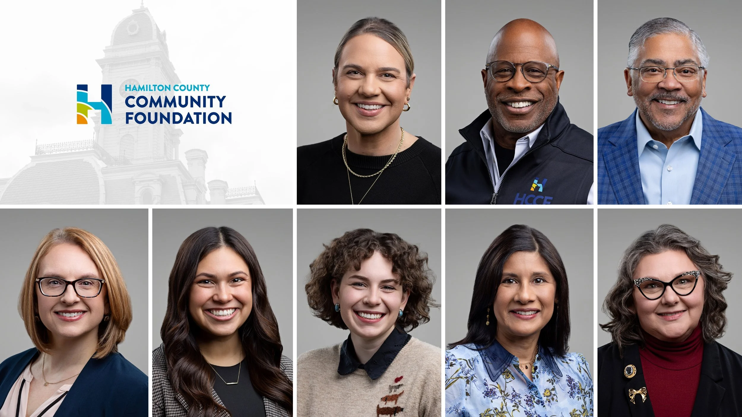 Matching team headshots of Hamilton County Community Foundation staff arranged around their logo