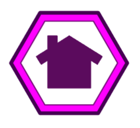 A purple house icon inside a hexagon with a pink border.