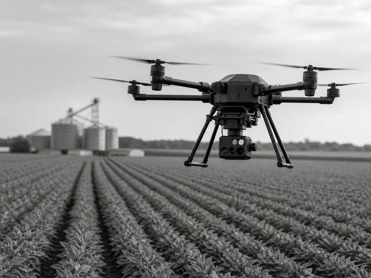Commercial and agricultural drone equipment with sensors and monitoring technology for field operations.