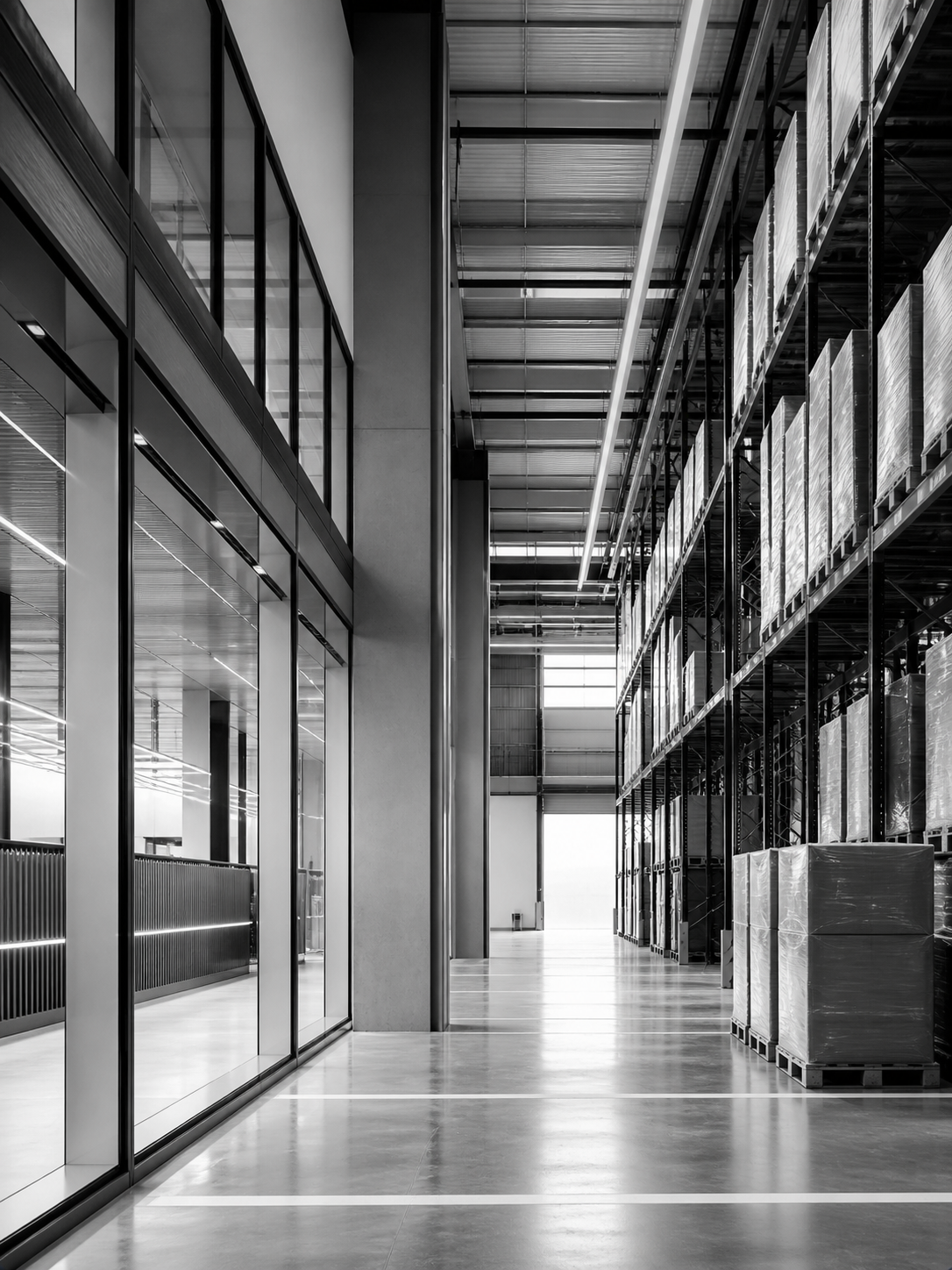 Black-and-white industrial logistics environment showing organized inventory systems, structured warehouse operations, supplier coordination infrastructure, and clean operational execution with strong architectural lines and professional lighting.