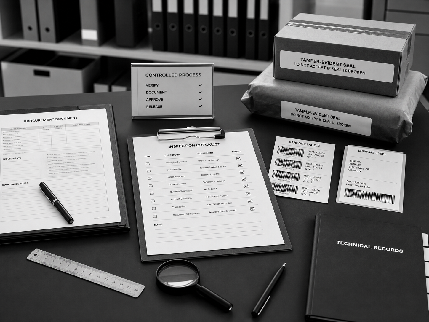 Procurement documentation, inspection records, shipping labels, and controlled requirement review materials.