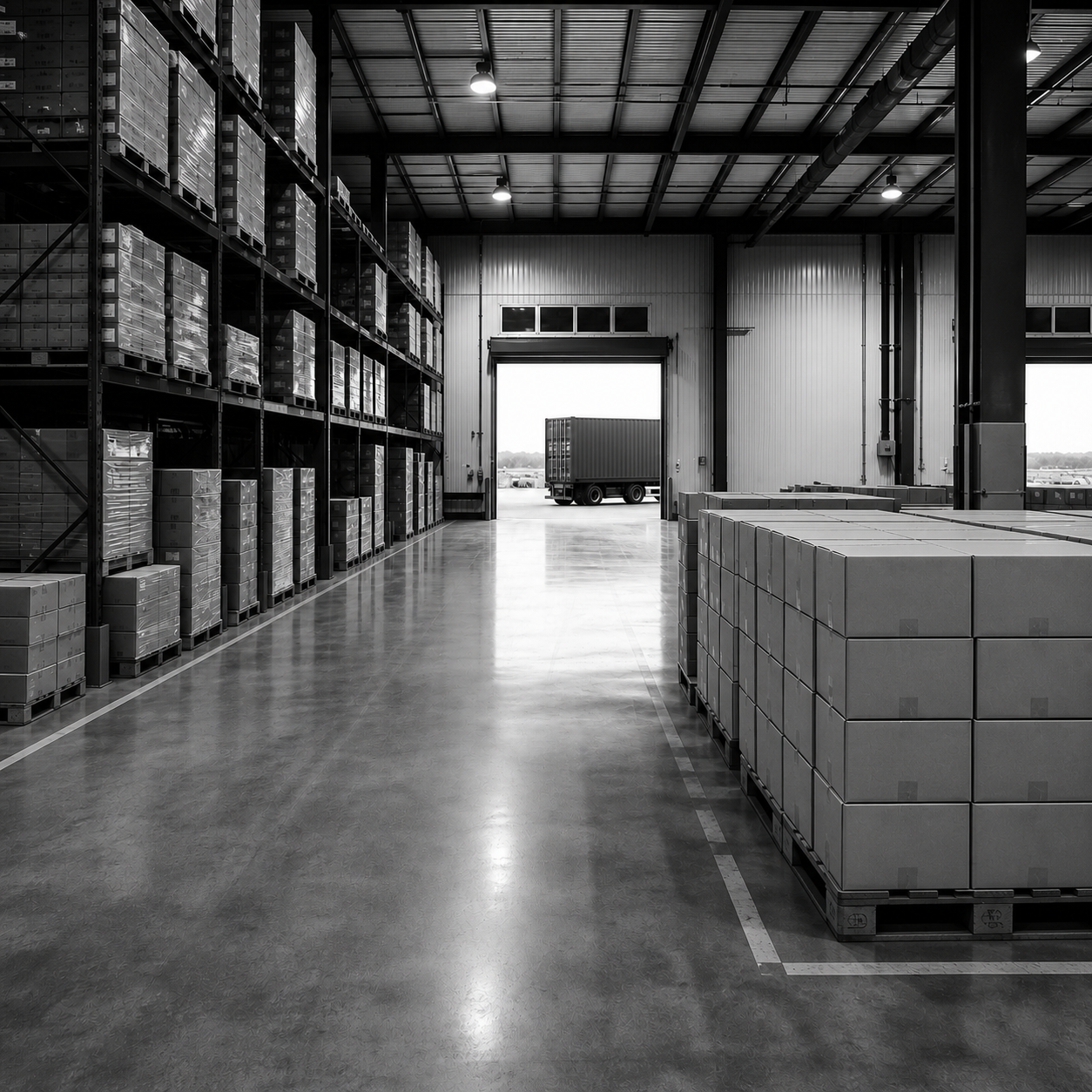 Black-and-white logistics and warehouse environment featuring organized inventory systems, palletized freight coordination, loading dock operations, and structured supply chain infrastructure.