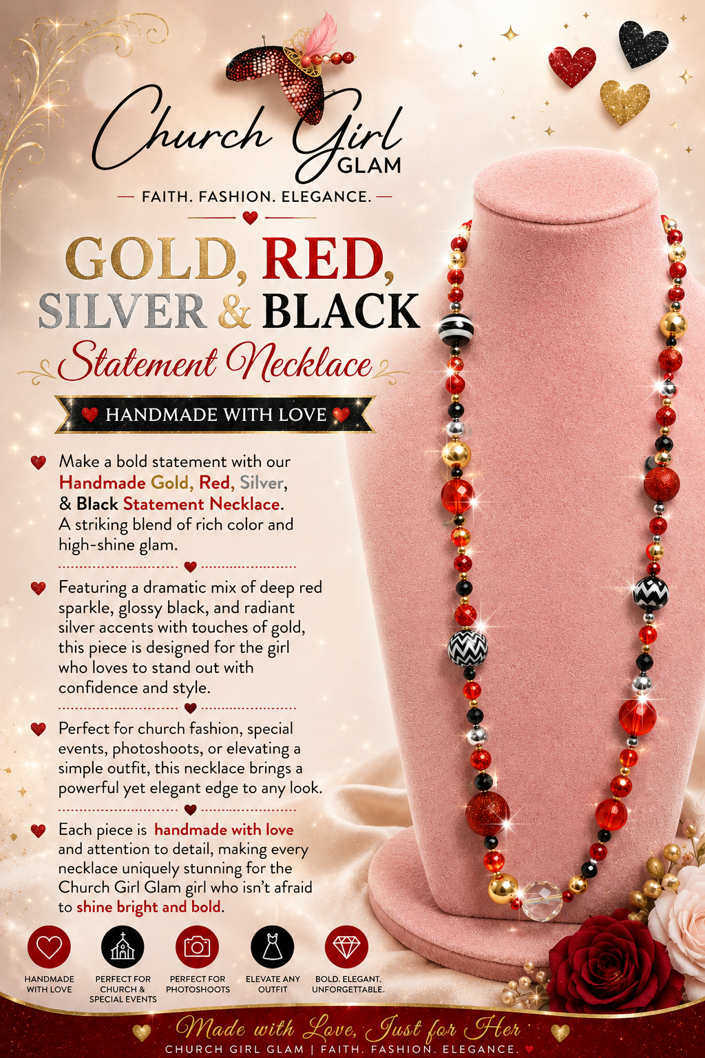 Gold, Red, Silver & Black Statement Necklace
