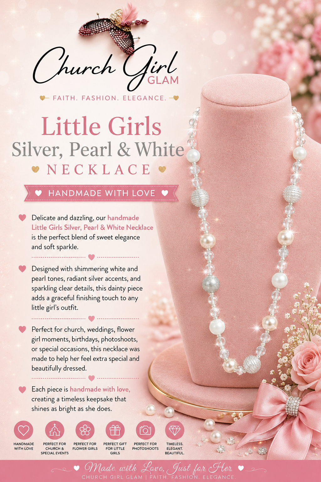 Little Girls Silver, Pearl & White Necklace