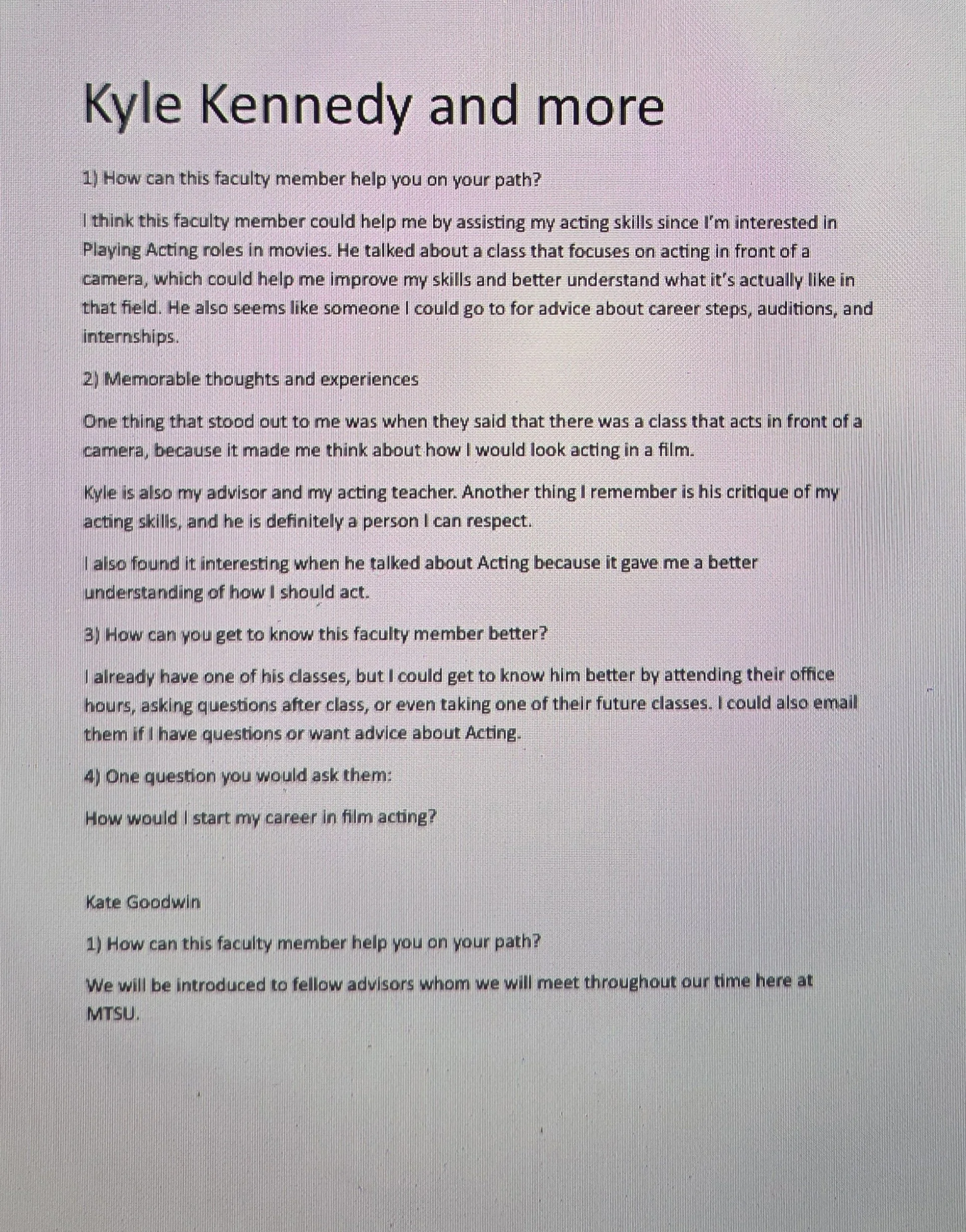 A printed educational document with questions and answers about helping faculty members in a career in acting, mentioning Kyle Kennedy, advice, and how to know the faculty member better.