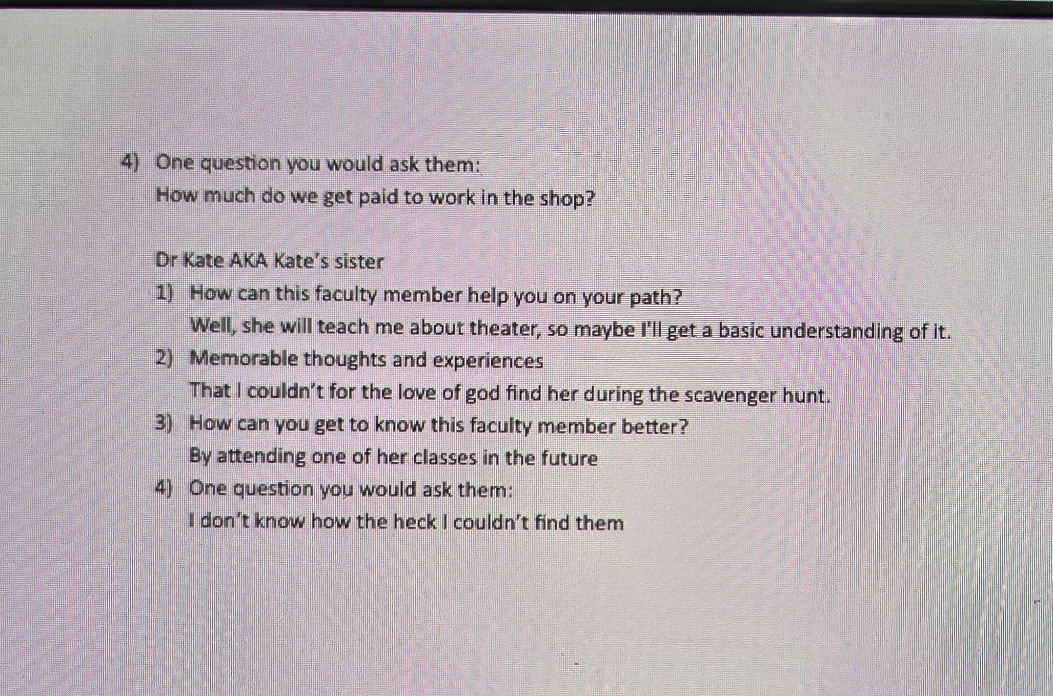 A screenshot of a typed document or exam question with multiple points, discussing topics related to a faculty member, work, experiences, and questions to ask. The document appears to be academic or instructional in nature.