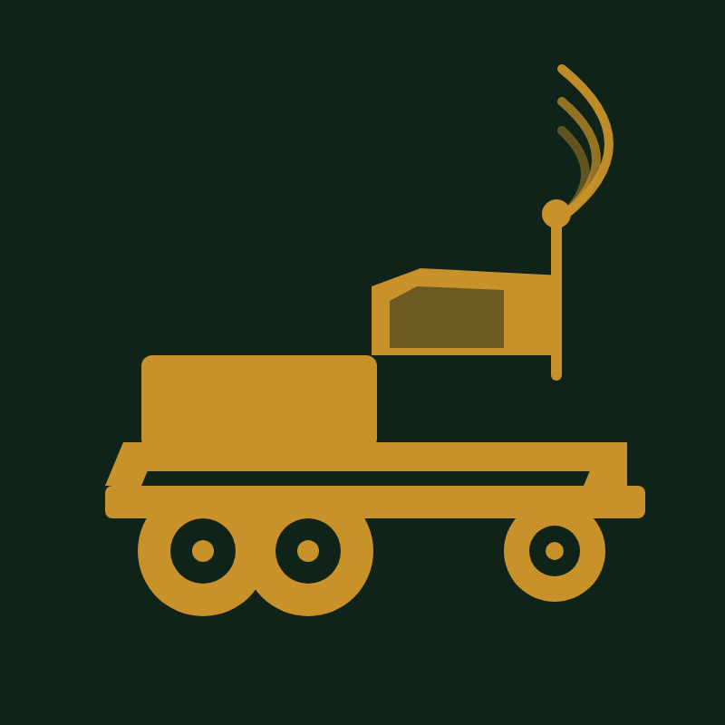 A stylized graphic of a train with a smoke stack on a green background.